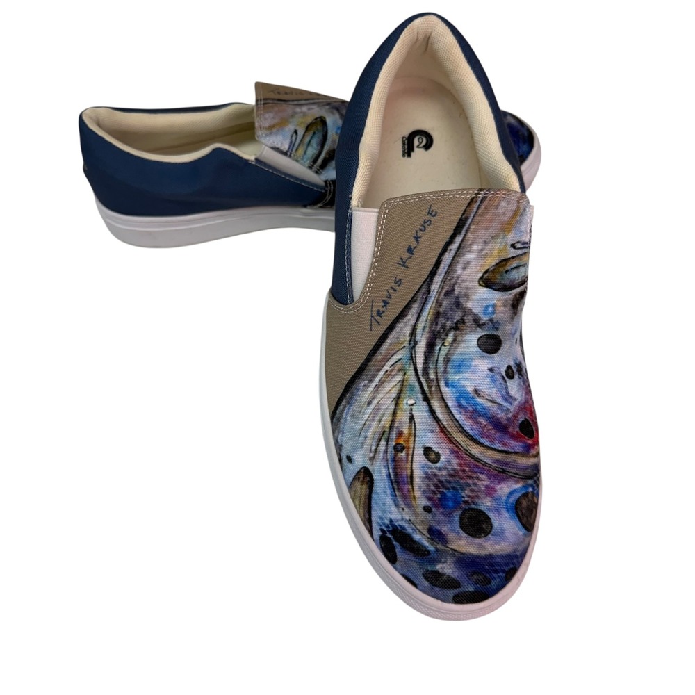 Catchflo Travis Krause Fish Print Slip On Shoes Mens 12 Blue Tan Fly Fishing